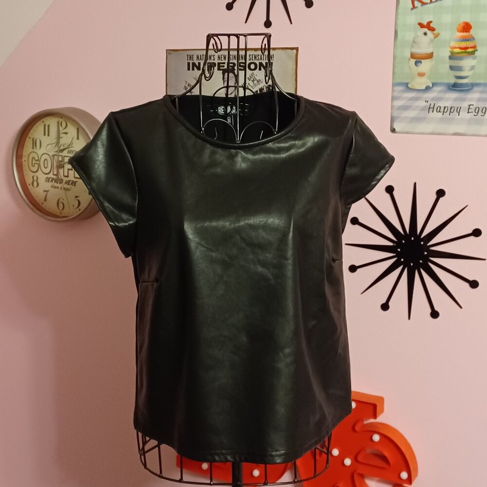 Rewash Black Medium Faux Leather Short Sleeve Top NWT